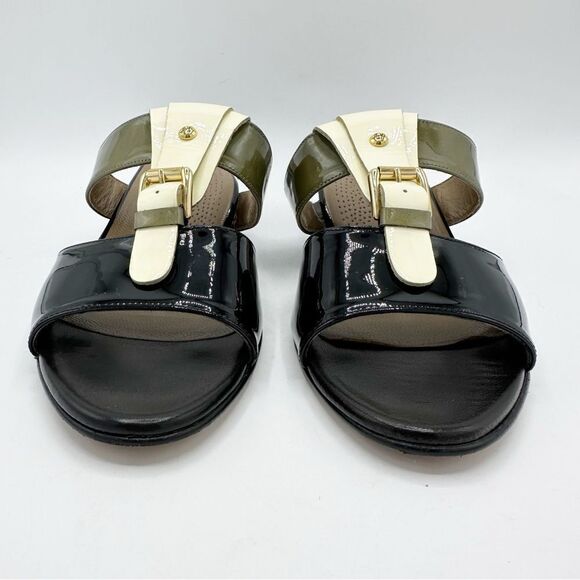 Anyi Lu Lucy Slip On Wedge Patent Leather Sandals Color Block Green/Black/Tan 11 - Picture 4 of 13